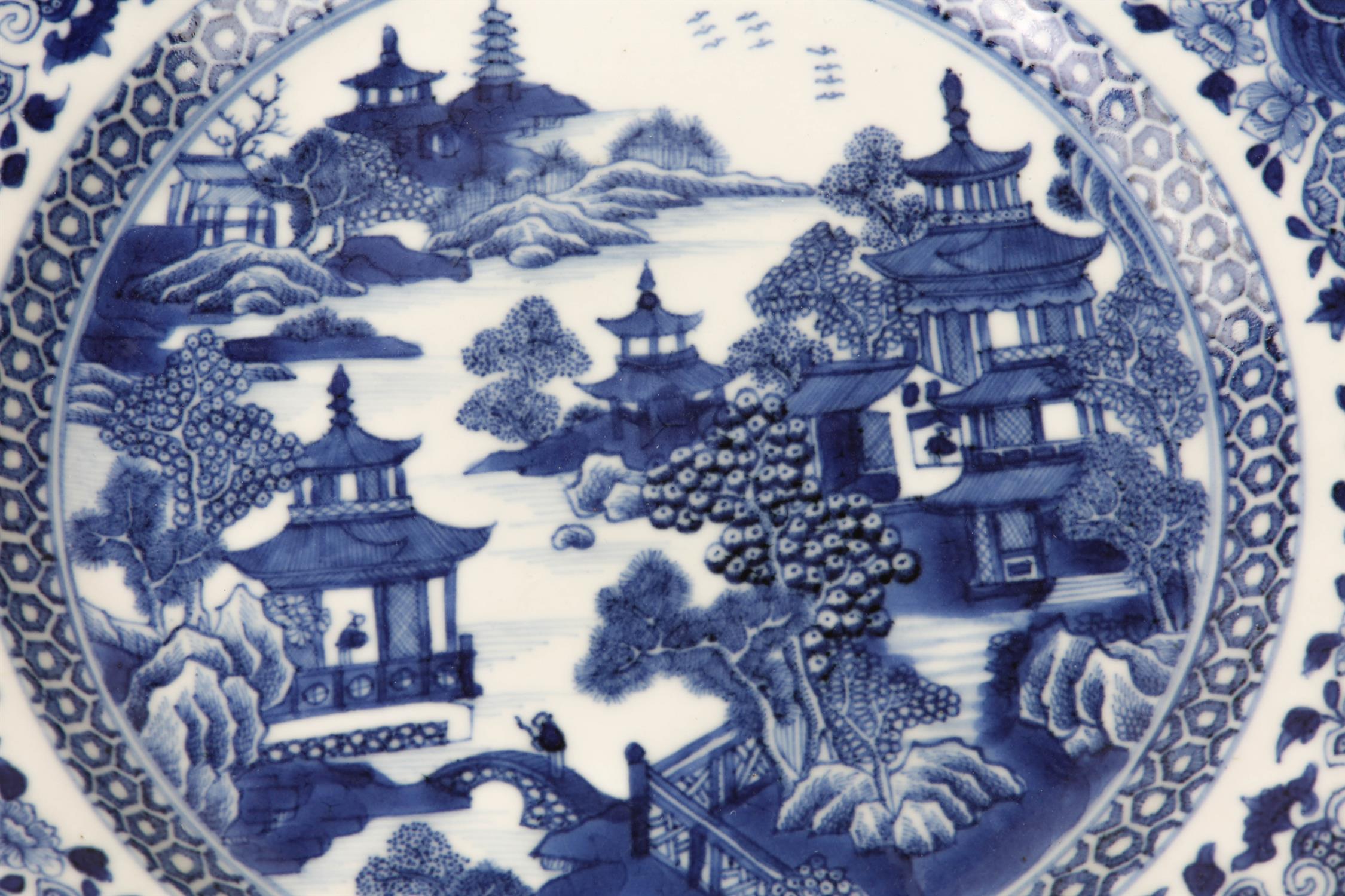 Four Chinese blue and white plates with patterned borders and decorated with figures on a bridge - Image 4 of 4