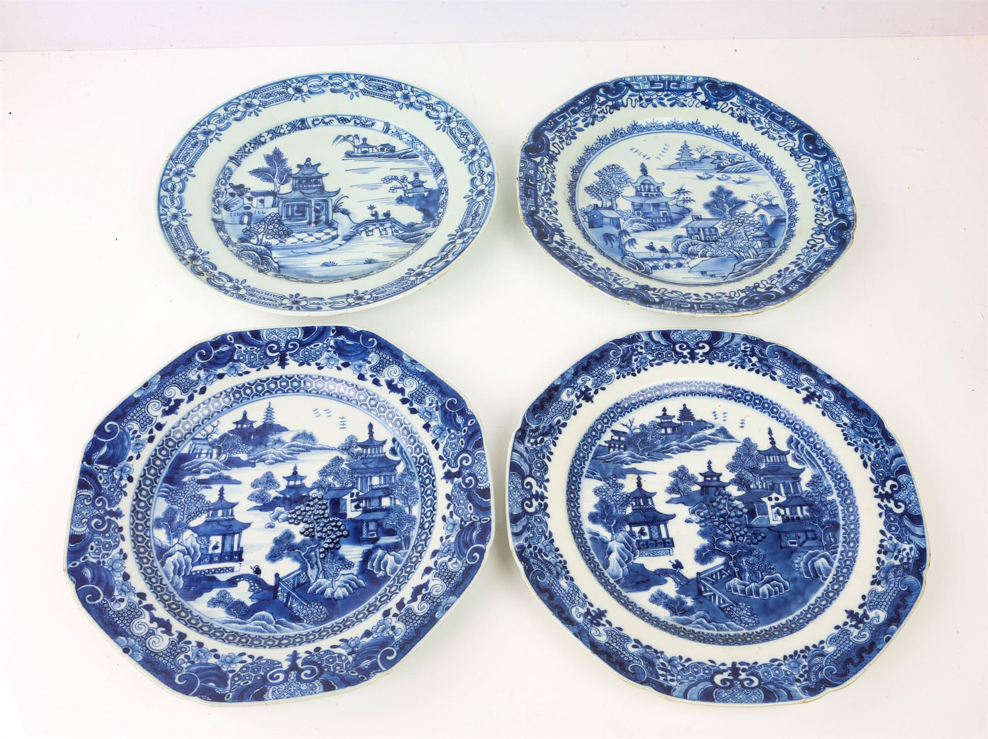 Four Chinese blue and white plates with patterned borders and decorated with figures on a bridge - Image 2 of 4