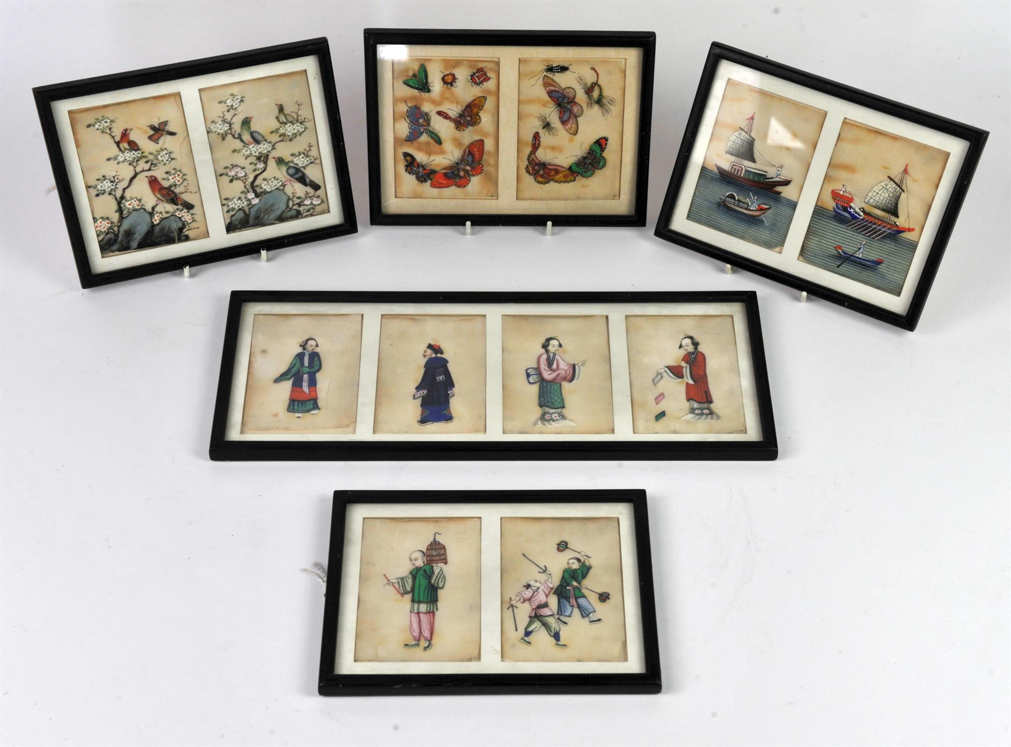 Twelve 19th century Chinese paintings on rice paper in five frames, depicting figures at various