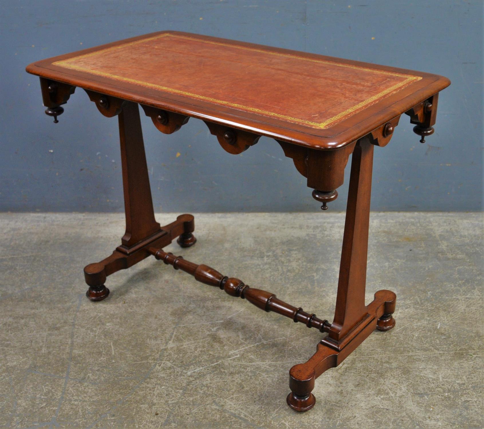 Victorian mahogany table, with red leather inset top, with pendant turned knobs, on end supports, - Image 2 of 4