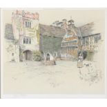 Cecil Aldin (British, 1870-1935), courtyard with figure and dog to foreground, print in colours,