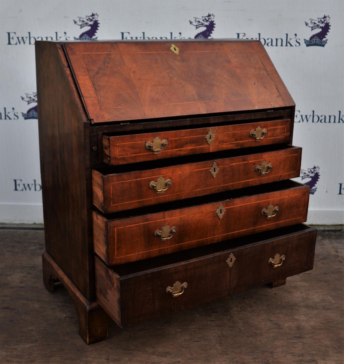 George III walnut bureau, with fall flap enclosing an arrangement of cupboards and pigeon holes, - Image 2 of 4