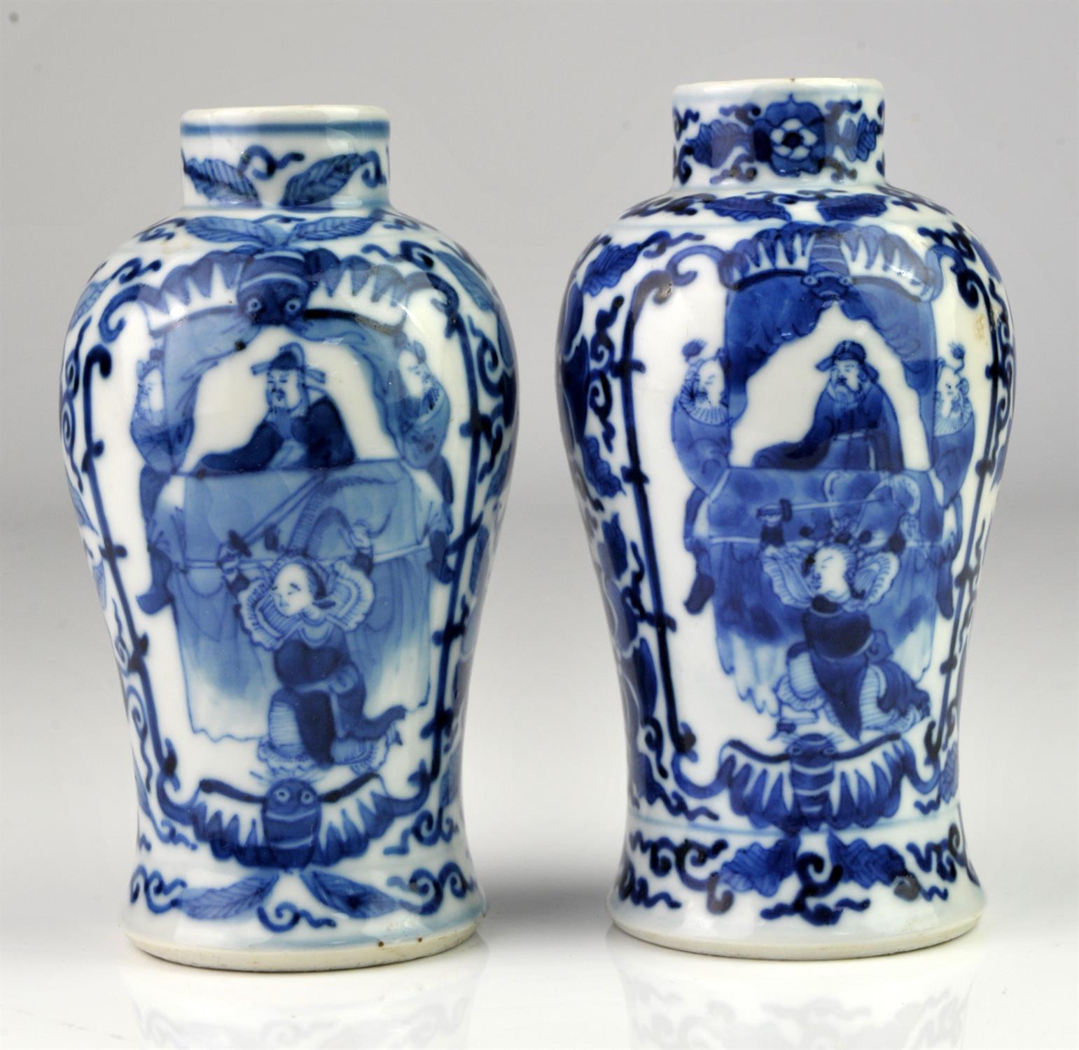 Matched pair of Chinese blue and white vases decorated with two panels of figures framed by - Image 3 of 5