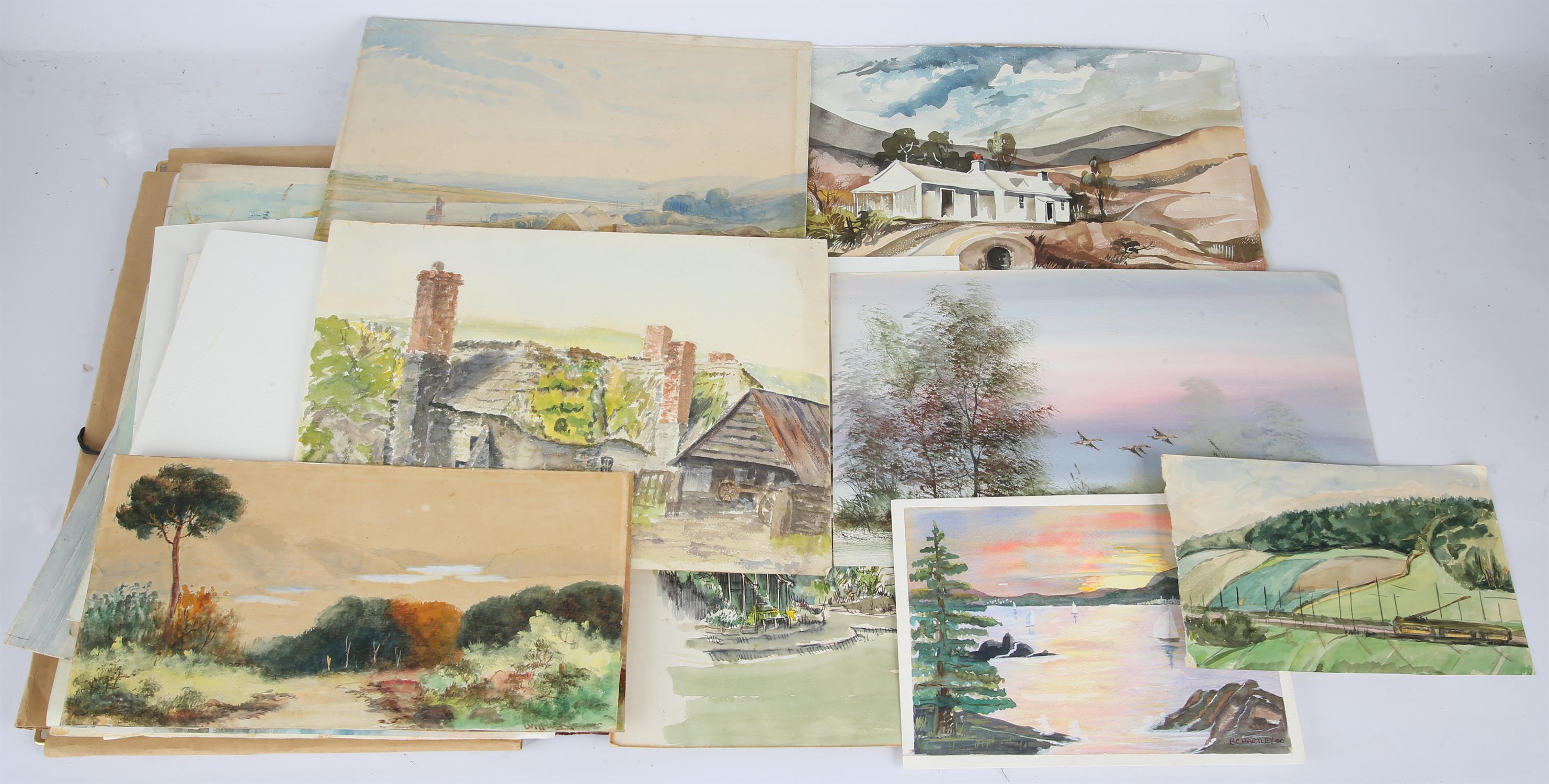 A folio of loose watercolours by various artists, mostly landscapes. Some signed by artists