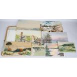 A folio of loose watercolours by various artists, mostly landscapes. Some signed by artists