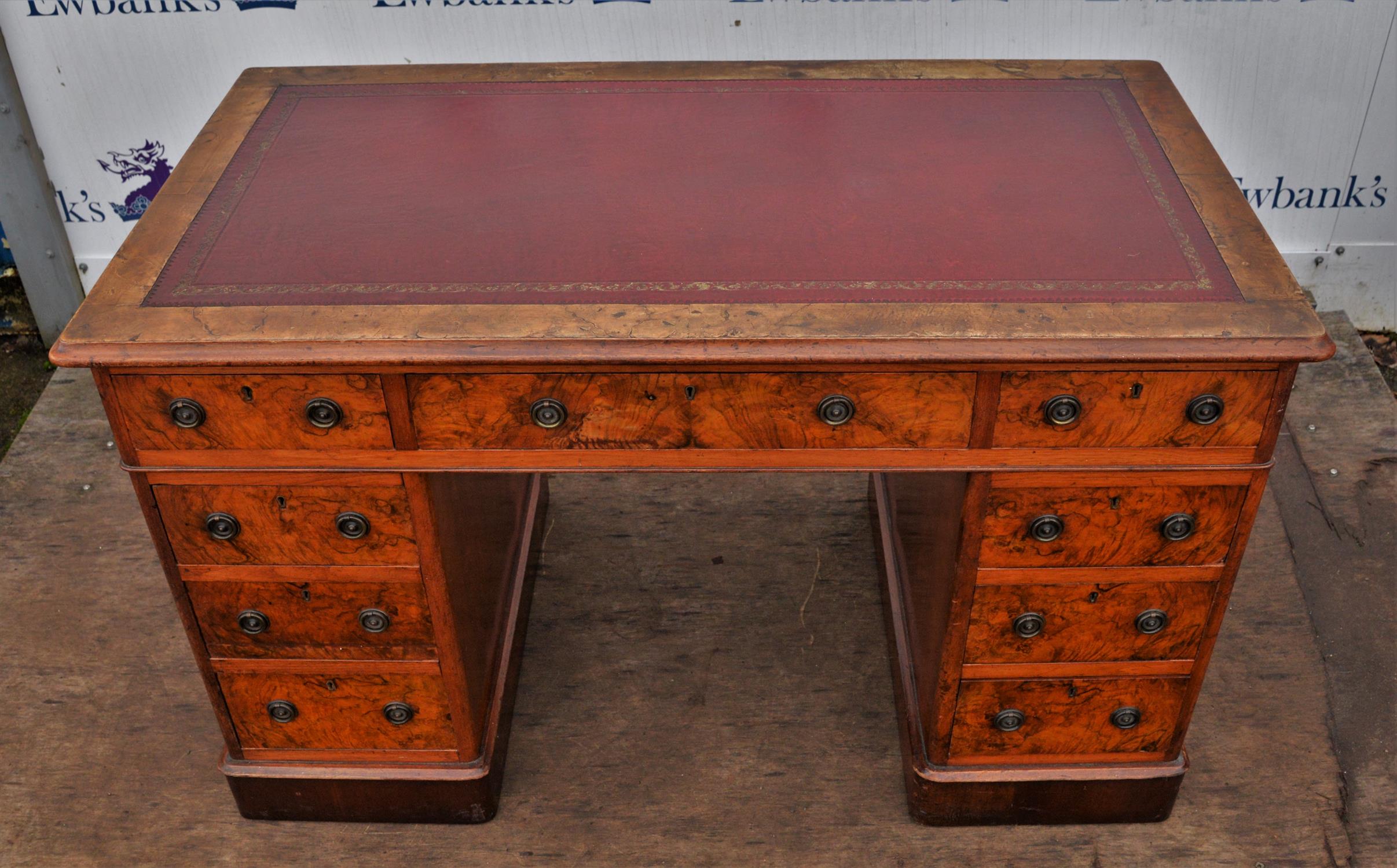 Victorian walnut pedestal desk, the top with red inset leather surface, above three frieze drawers, - Image 2 of 4