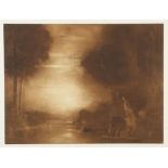 William Hyde (British, 1859-1925), riverside landscape with figure to foreground, sepia mezzotint,