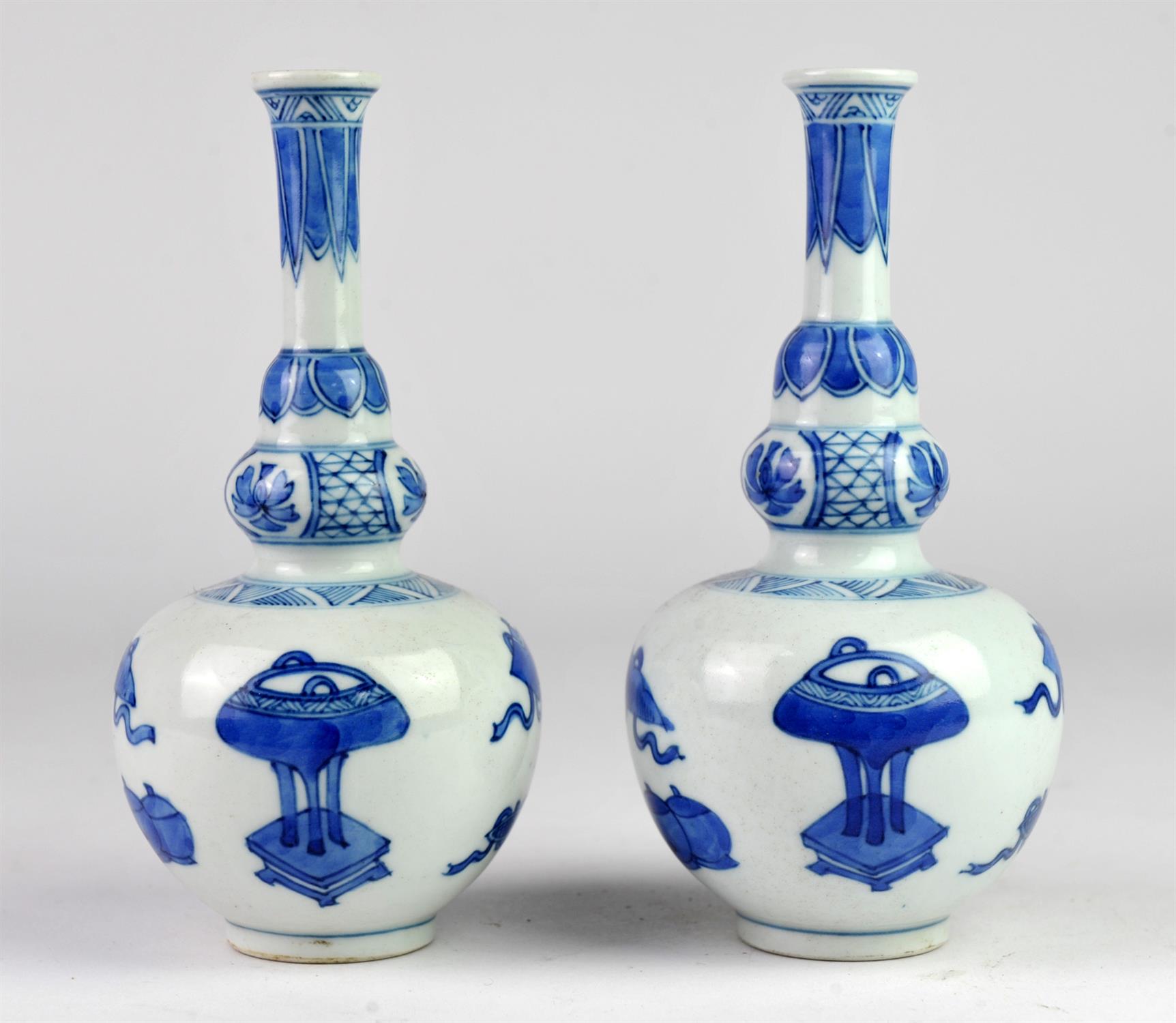 Pair of Chinese blue and white vases, 20th Century, decorated with censers and precious objects, - Image 3 of 4