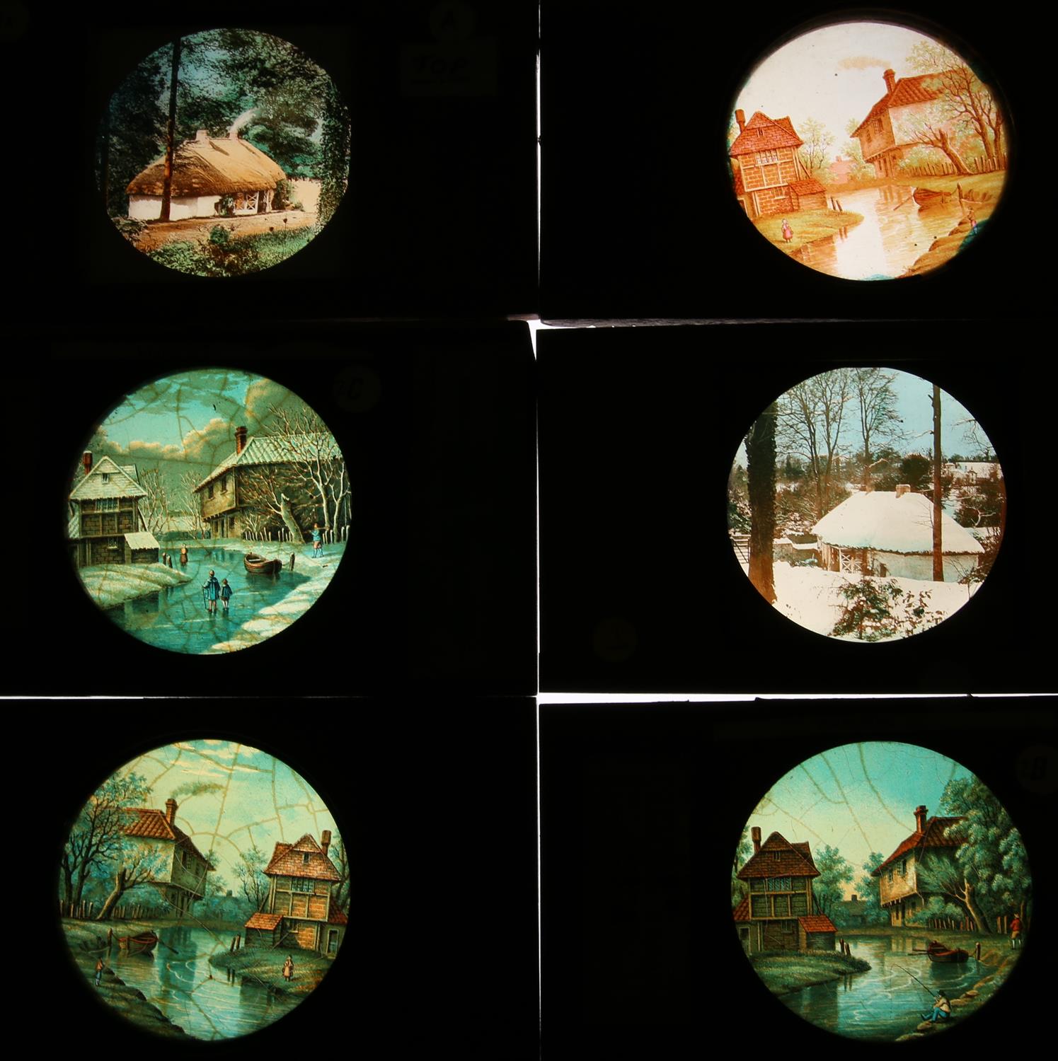 A large collection of magic lantern slides. To include 9 mahogany-mounted long magic lantern slides,