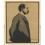 William Nicholson (1872 – 1949). Portrait of Rudyard Kipling, half length. Hand coloured woodcut,