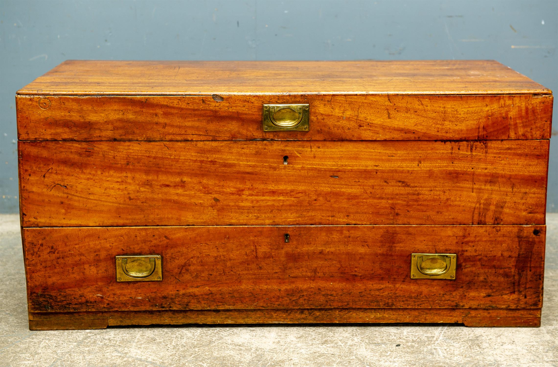 19th century camphorwood campaign chest with lift-out section and single drawer, brass mounts and