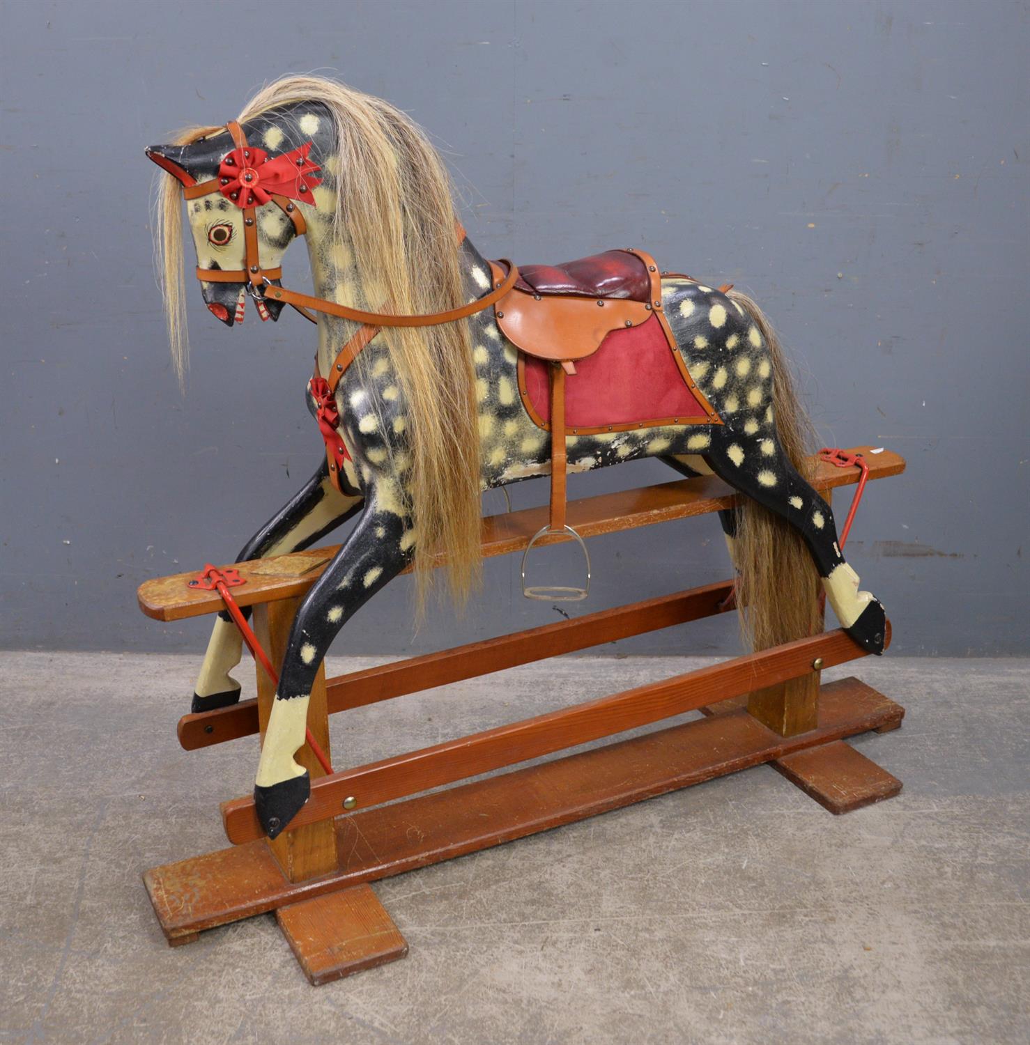 Children's dappled grey rocking horse, 20th Century, with a leather saddle and stirrups, - Image 2 of 5