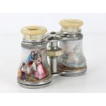 Pair of early 20th century mother of pearl and enamelled opera glasses, decorated with figures in a