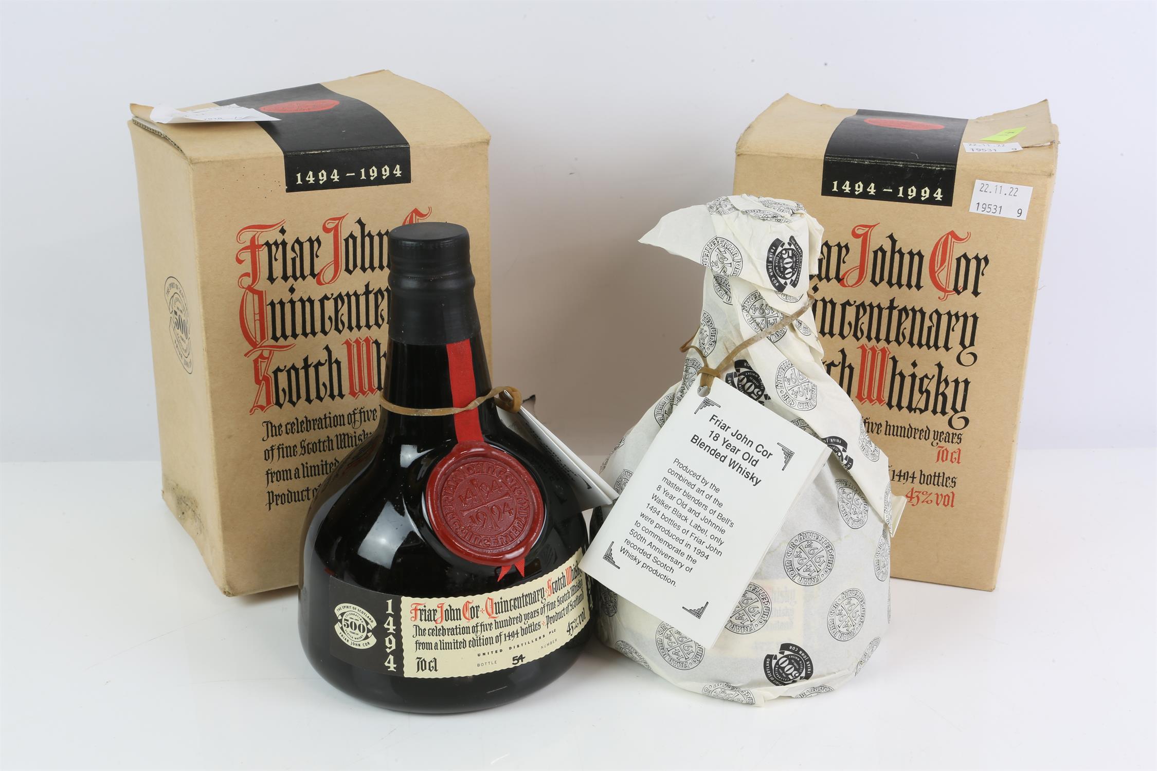 Friar John Cor whisky, 18year old, two bottles in cartons (2) Note: These bottles were produced as