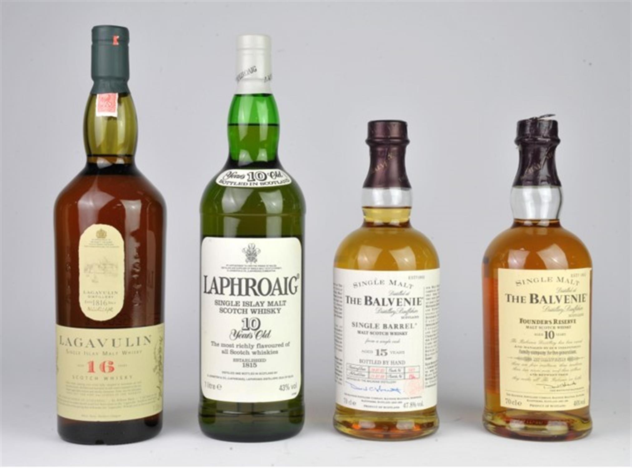 The Balvenie whisky, 10 year, single bottle, together with Laphroaig whisky, 10 year old,