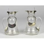 Pair of silver and glass whisky ewers, marks for John Heath and John Middleton, Birmingham 1908,