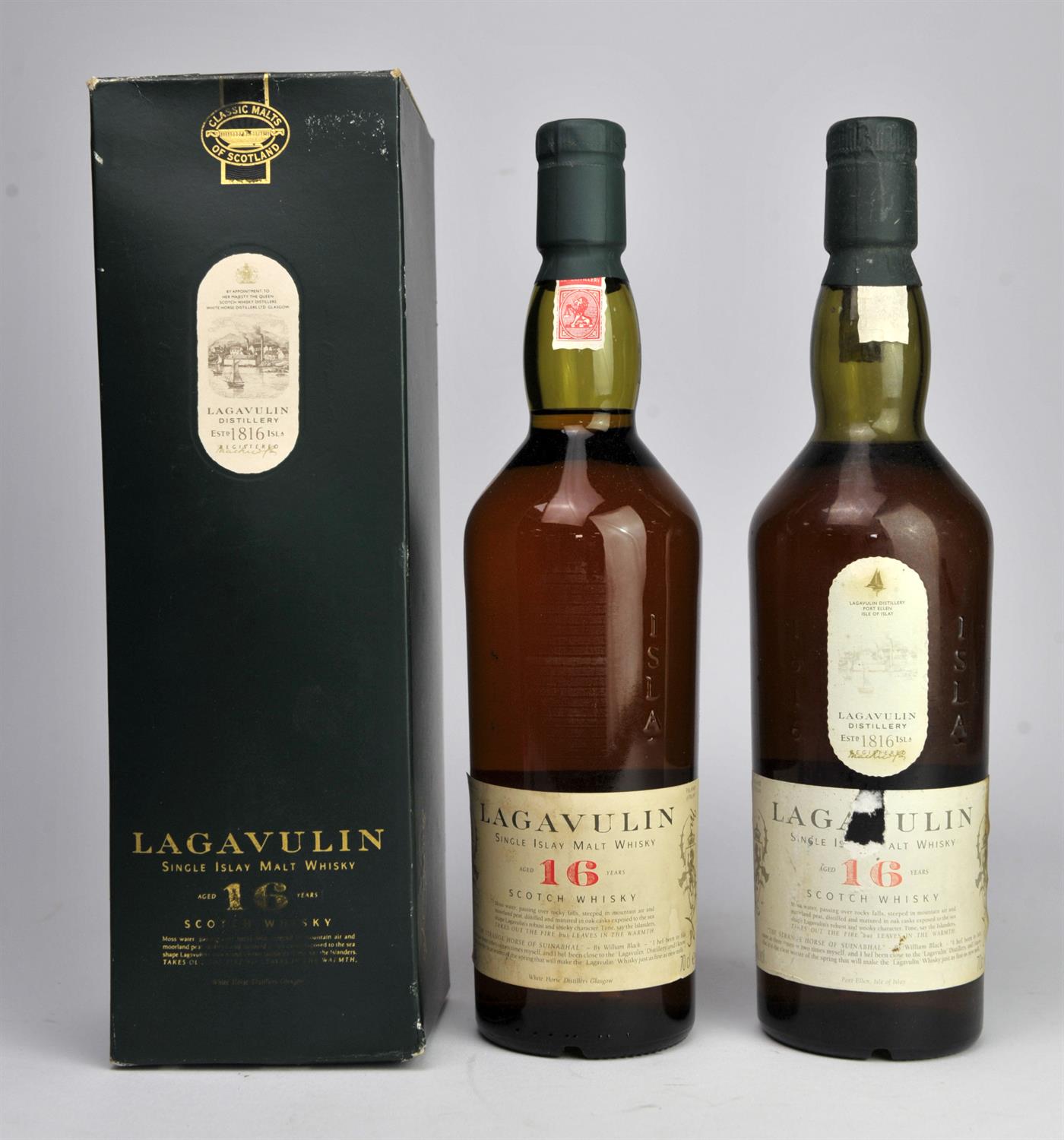 Lagavuilin whisky, 16 year old, two bottles, one in carton (2)