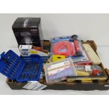 Box of miscellaneous tools to include spanners drill bits outdoor light etc