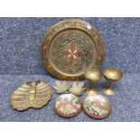 Middle eastern style brassware including large tray, leaf dishes, butterfly plate etc