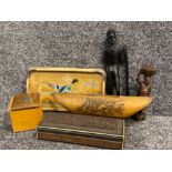 Tray lot of mixed wooden items includes carved African figures, heavily carved box, duck decorated