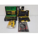 Mixed tools to include forge steal angled ratchet , infrared thermometer, bit set etc