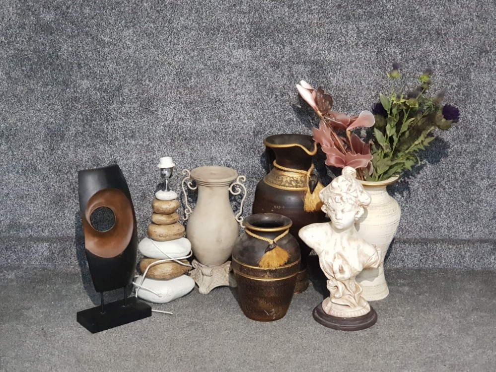 Selection of miscellaneous vases and urns also includes lady bust and pebble table lamp