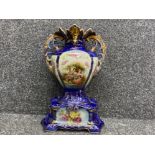 Vintage art nouveau Hanley twin handled urn/vase in rose deco & vintage blue, height 47cm