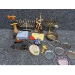 Tray containing 2 jewish Menorahs cloisonne pin dish and cover resin figure nutcracker etc
