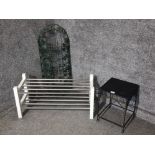 A shoe rack, folding plant pot rack and a small metal occasional table