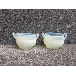 Pair of Victorian kite mark opaline twin handled cauldron shaped vases