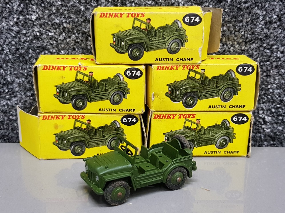 Total of 5 military Austin Champ jeep diecast Vehicles all with original boxes, number 674
