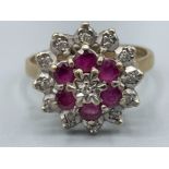 Ladies 9ct gold diamond and pink stone cluster ring. Size P 3.6g