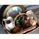 Mixed box lot containing maling lustre, brass porthole mirror, ceramic pieces etc