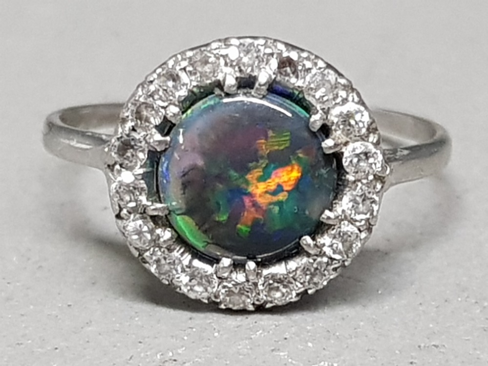 Antique Australian black opal & diamond ring in platinum, great colours in opal, size P, 3g