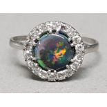 Antique Australian black opal & diamond ring in platinum, great colours in opal, size P, 3g