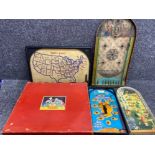 Total of 5 vintage games includes 4x bagatelle’s & 1x boxed Skurree party game board
