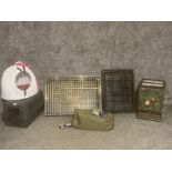 Two dog crates and pet traveller, cat bed, reptile tank and thermal hut cover