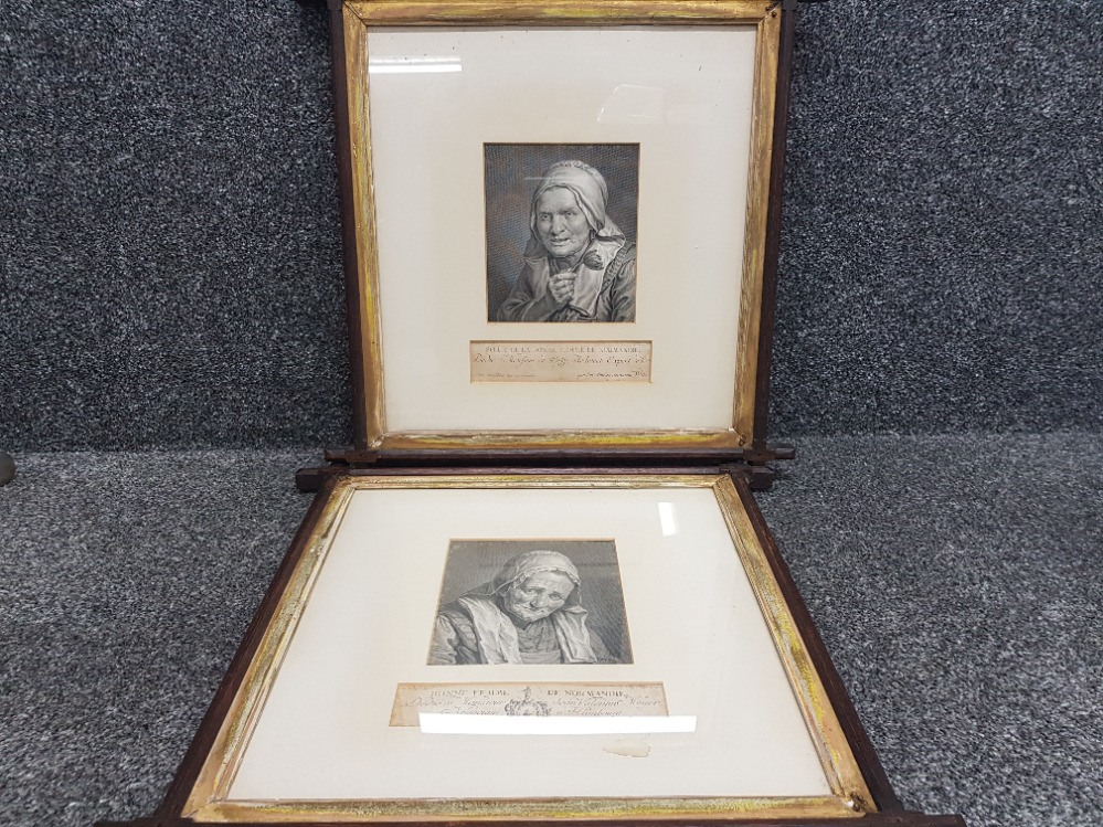 Pair of antique 1800s French framed engravings of 2 bonne femme!