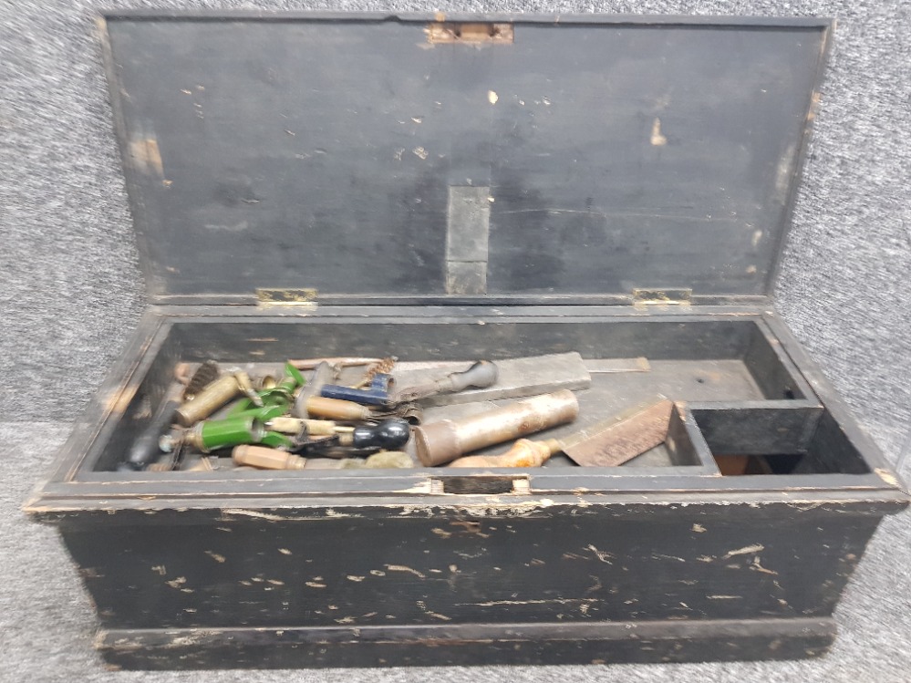 Vintage painted pine tool box with various gun smiths/bullet making tools and equipment