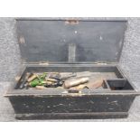 Vintage painted pine tool box with various gun smiths/bullet making tools and equipment