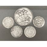 Total of 5 Victorian silver coins includes 1889 crown & shillings dated 1887/1888/1898/1900