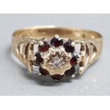 Vintage 9ct gold diamond & garnet cluster ring, size R, 2.3g