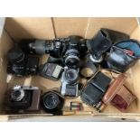 A collection of cameras to include Canon AE-1, Zenit 12xp, Minolta Dynax 700si etc