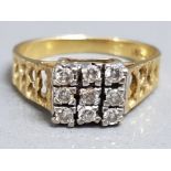 18ct gold & 9 stone diamond square pattern ring, size L, 3.1g gross