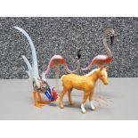 Minature Beswick horse ornament together with 3x glass bird ornaments cockerel & 2x Flamingos