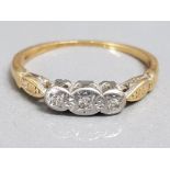 Antique 18ct gold & platinum 3 stone diamond ring, size O, 2.3g gross