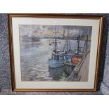 A pastel by Richard Flynn "Fishing boats moored at Western Quay, North Shields" signed 64 x 52cm