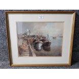 A colour print after Walter Holmes "North Shields Fish Quay" signed 29 x 38cm