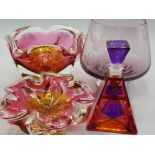 4 pieces of glassware includes handmade Scottish etched glass vase in purple, multicolored perfume