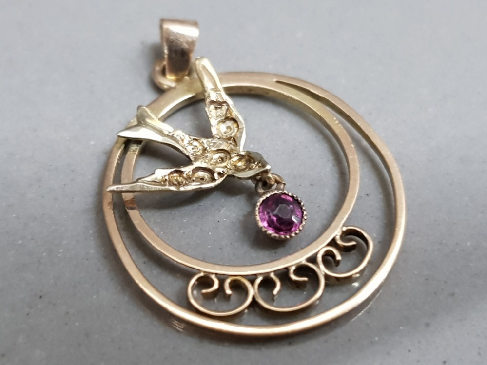 Vintage 9ct gold pendant with bird motiff & amethyst, 1.1g - Image 2 of 2